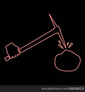 Neon pickaxe hit stone in hand red color vector illustration image flat style light. Neon pickaxe hit stone in hand red color vector illustration image flat style