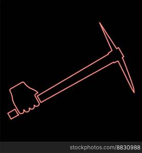 Neon pickaxe in hand tool in use Arm Digging and mining concept Industrial work Mattock quarry red color vector illustration image flat style light. Neon pickaxe in hand tool in use Arm Digging and mining concept Industrial work Mattock quarry red color vector illustration image flat style