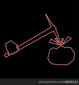 Neon pickaxe mining beats stones flying Holding in hand red color vector illustration image flat style light. Neon pickaxe mining beats stones flying Holding in hand red color vector illustration image flat style
