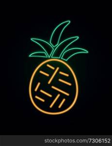 Neon pineapple glowing poster of tropical exotic fruit with green leaves product and vitamins, vector illustration isolated on blue background. Neon Pineapple with Glowing Vector Illustration