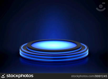 Neon podium. Empty stage for product presentation or fashion show performance, pedestal in nightclub dance floor glowing in darkness illuminated blue round scene, Realistic 3d vector illustration. Neon podium. Empty stage for product presentation