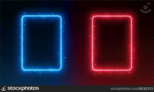 Neon rectangle frames, glowing borders with smoke and sparkles, versus fight competition, sports confrontation concept. Social media design element. Vector illustration.. Neon rectangle frames, glowing borders with smoke and sparkles, versus fight competition, sports confrontation concept.