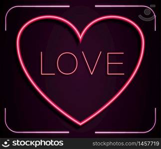 Neon red heart with inscription LOVE on a pink background.vector