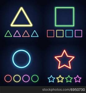 Neon ring, star, square and triangle set. Glowing colorful geometric signs. Vector illustration.. Neon ring, star, square and triangle set