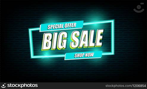 Neon sale light sign retro style vector banner with black background.Template design for special offers, sales and discounts.Advertising clearance promotion and shopping concept.