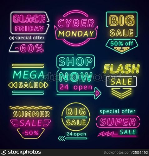 Neon sale signs. Cyber Monday and black Friday color glowing labels. Discounts advertising texts. Shopping lighting designs. Shining signboards with arrows. Vector isolated illuminated billboards set. Neon sale signs. Cyber Monday and black Friday glowing labels. Discounts advertising texts. Shopping lighting designs. Shining signboards with arrows. Vector illuminated billboards set