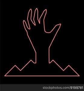 Neon scary human hand from ground silhouette dead man’s Halloween decorative element zombie concept spooky clawed paw sharp nails bony arm fingers man undead red color vector illustration image flat style light. Neon scary human hand from ground silhouette dead man’s Halloween decorative element zombie concept spooky clawed paw sharp nails bony arm fingers man undead red color vector illustration image flat style