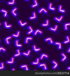 Neon seamless pattern with 80s style shiny shapes and glowing purple color