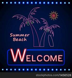 Neon shining beach party with palm tree and the sun.vector