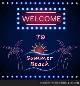 Neon shining beach party with palm tree and the sun.vector