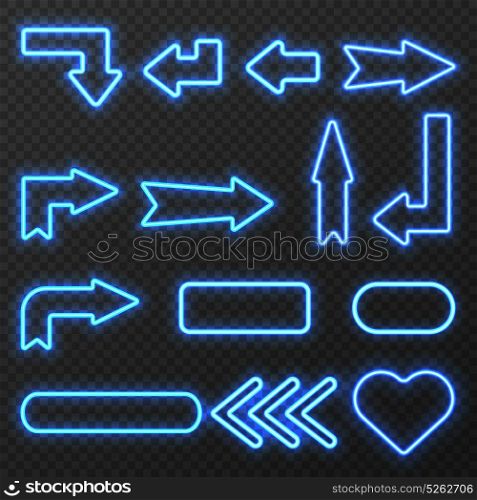 Neon Sign Arrows Symbols Set . Glowing in night neon light outlined signs arrows and symbols set on black background isolated vector illustration