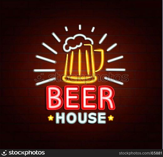 Neon sign of beer house, bright signboard, light banner. Beer house logo, emblem and symbol. Vector illustration.. Neon sign of beer house.