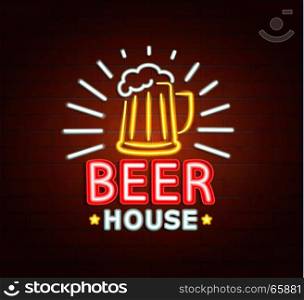 Neon sign of beer house, bright signboard, light banner. Beer house logo, emblem and symbol. Vector illustration.. Neon sign of beer house.