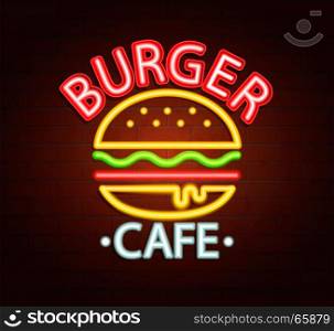 Neon sign of burger cafe.. Neon sign of burger cafe, bright signboard, light banner. Burger cafe logo, emblem and symbol. Vector illustration.