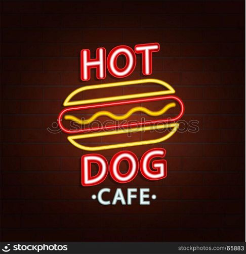 Neon sign of burger cafe.. Neon sign of burger cafe, bright signboard, light banner. Burger cafe logo, emblem and symbol. Vector illustration.