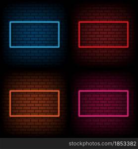 Neon sign of frame on brick wall background, vector illustration