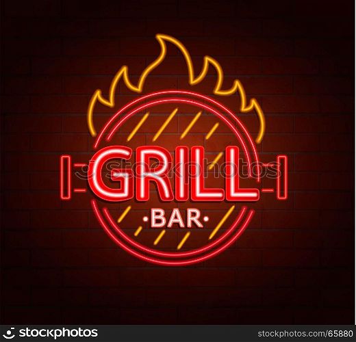 Neon sign of grill bar.. Neon sign of grill bar, bright signboard, light banner. Grill bar logo, emblem and symbol. Vector illustration.