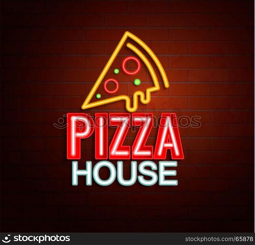 Neon sign of pizza house.. Neon sign of pizza house, bright signboard, light banner. Pizza house logo, emblem and symbol. Vector illustration.