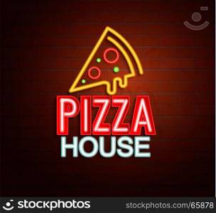 Neon sign of pizza house.. Neon sign of pizza house, bright signboard, light banner. Pizza house logo, emblem and symbol. Vector illustration.