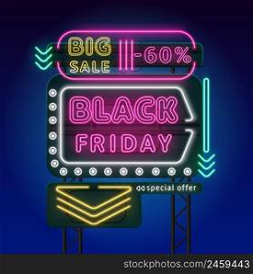 Neon signboard. Advertising luminous stand. Shopping signage on night background. Black Friday banner. Discounts and sales glowing design billboard with arrows. Electric light signpost. Vector concept. Neon signboard. Advertising luminous stand. Shopping signage on night background. Black Friday. Discounts and sales glowing billboard with arrows. Electric light signpost. Vector concept