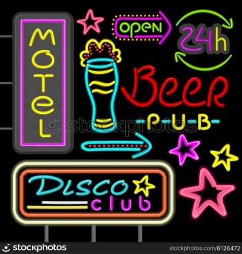 Neon signboard disco club, beer pub design flat. Retro neon vintage advertising, advertise light neon, hotel glowing, motel shiny sign, electric fashion neon arrow vectorillustration