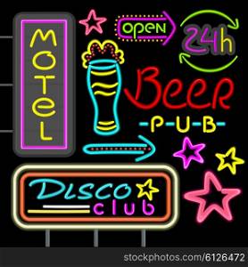 Neon signboard disco club, beer pub design flat. Retro neon vintage advertising, advertise light neon, hotel glowing, motel shiny sign, electric fashion neon arrow vectorillustration