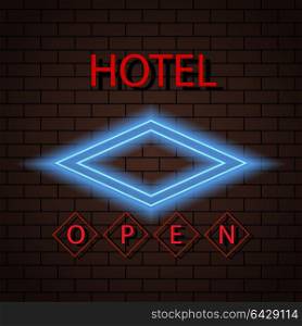 Neon signboard hotel sign on a brick wall. . Neon signboard hotel sign on a brick wall. Vector illustration .