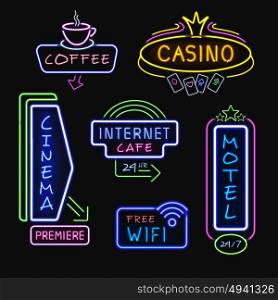Neon Signboards Realistic Night Icons Collection . Neon hotel internet cafe cinema and casino signboards at night realistic icons collection isolated vector illustration