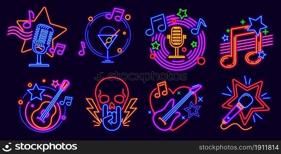 Neon signs for karaoke club and stand up comedy show. Music party night glowing logo with microphones and note. Karaoke bar event vector set. Nightlife signboards with electric guitar and scull. Neon signs for karaoke club and stand up comedy show. Music party night glowing logo with microphones and note. Karaoke bar event vector set