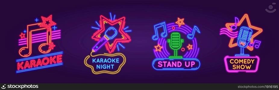 Neon signs for karaoke club and stand up comedy show. Music and song singing party night glowing logos. Karaoke bar event poster vector set. Nightlife street illuminated signboards. Neon signs for karaoke club and stand up comedy show. Music and song singing party night glowing logos. Karaoke bar event poster vector set