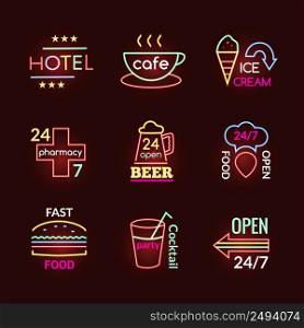 Neon signs of beer pub hotel and pharmacy set isolated vector illustration. Neon Signs Set