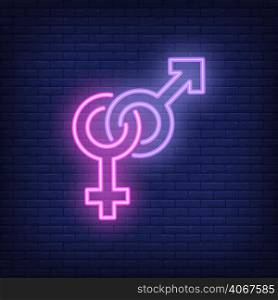 Neon signs of Venus and Mars. Night bright advertisement. Vector illustration for love, couple, relationship, marriage