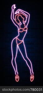 Neon silhouette banner, sexy girl figure, woman silhouette, nightclub, striptease, sex shop advertisement, vector illustration