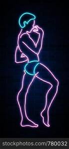 Neon silhouette banner, sexy guy figure, man silhouette, nightclub, striptease, sex shop advertisement, vector illustration