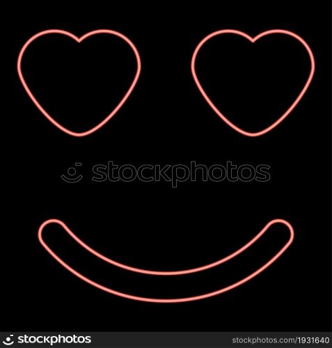 Neon smile with heart eyes red color vector illustration flat style light image. Neon smile with heart eyes red color vector illustration flat style image