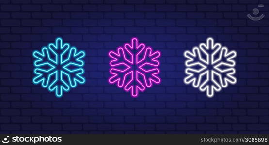 Neon snow icons set. Colorful glowing snowflakes vector icons. Vector illustration