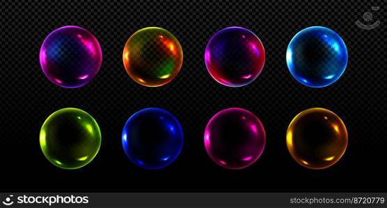 Neon soap bubbles, rainbow colorful iridescent glass balls or spheres isolated on transparent background. Water foam, shiny bright soapy circles, Realistic 3d vector illustration, set. Neon soap bubbles, rainbow colorful glass balls