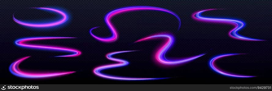 Neon speed line light effect with swirl glow wave abstract vector. Spiral energy flare curve motion. Futuristic flying blue wind beam with shiny glitter particle. Transparent blur twist element. Neon speed line light effect with swirl glow wave
