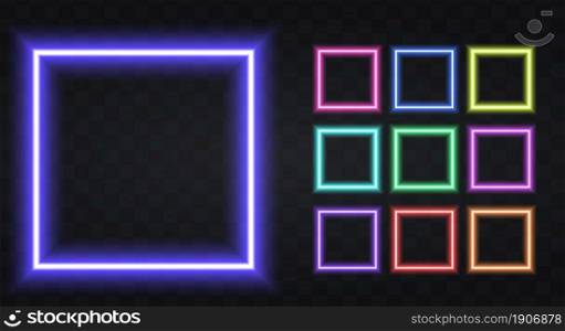 Neon square Border with copy space. Templates set of Neon Frame. Geometric glow outline shape or laser glowing lines. Vector illustration.. Neon square Border with copy space
