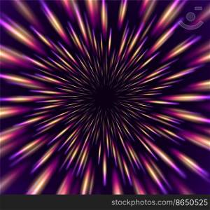 Neon star burst, colorful speed of light, cosmic hyperspace jump motion effect. Explosion in the Universe concept. Futuristic abstract backdrop with bright blue and purple rays. Vector illustration.. Neon star burst, colorful speed of light, cosmic hyperspace jump motion effect. Explosion in the Universe concept.
