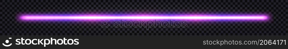 Neon stick, laser beam with glowing light effecr. Purple blue gradient, electric thunder bolt, fluorescent halogen ray lineisolated on dark transparent background. Vector illustration