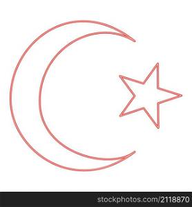 Neon symbol of islam crescent and star with five corners red color vector illustration image flat style light. Neon symbol of islam crescent and star with five corners red color vector illustration image flat style