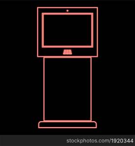 Neon terminal stand with touch screen red color vector illustration flat style light image. Neon terminal stand with touch screen red color vector illustration flat style image