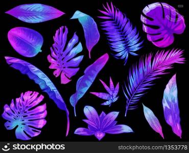 Neon tropical leaves. Color exotic tree and plant leaf, colorful palm leaves hand drawn vector illustration set. Leaf floral tropical, rainforest foliage exotic, fashion botanical. Neon tropical leaves. Color exotic tree and plant leaf, colorful palm leaves hand drawn vector illustration set