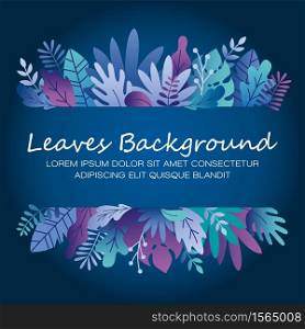Neon tropical leaves, plants and herbs background in madern flat style. Frame template for cards, posters, banners