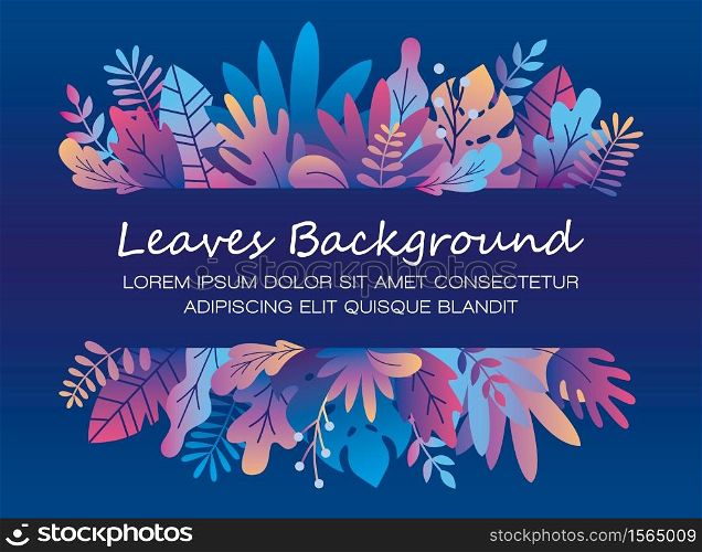Neon tropical leaves, plants and herbs background in madern flat style. Frame template for cards, posters, banners
