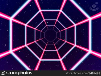 Neon tunnel in space with 80s styled lazer lines for futuristic poster or flyer. Gate with stars and fantastic glowing road. Neon tunnel in space with 80s styled lazer lines