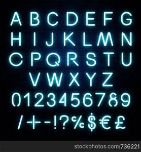 Neon vector alphabet, set of realistic fluorescent glowing letters, numbers and symbols