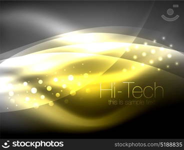 Neon wave background with light effects, curvy lines with glittering and shiny dots, glowing colors in darkness, magic energy. Neon wave background with light effects, curvy lines with glittering and shiny dots, glowing colors in darkness, vector magic energy illustration