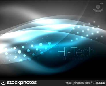 Neon wave background with light effects, curvy lines with glittering and shiny dots, glowing colors in darkness, magic energy. Neon wave background with light effects, curvy lines with glittering and shiny dots, glowing colors in darkness, vector magic energy illustration